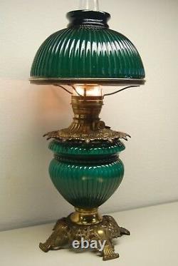 Antique Art Deco Nouveau Oil Emerald Green Fostoria Student Ribbed Glass Lamp