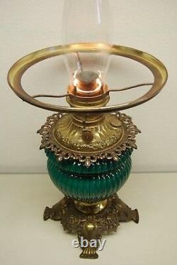 Antique Art Deco Nouveau Oil Emerald Green Fostoria Student Ribbed Glass Lamp