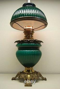 Antique Art Deco Nouveau Oil Emerald Green Fostoria Student Ribbed Glass Lamp