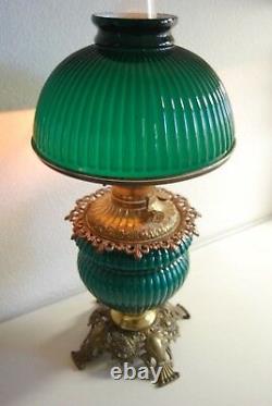 Antique Art Deco Nouveau Oil Emerald Green Fostoria Student Ribbed Glass Lamp