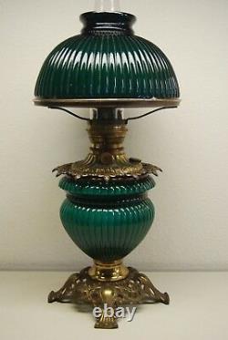 Antique Art Deco Nouveau Oil Emerald Green Fostoria Student Ribbed Glass Lamp