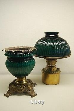 Antique Art Deco Nouveau Oil Emerald Green Fostoria Student Ribbed Glass Lamp