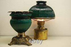 Antique Art Deco Nouveau Oil Emerald Green Fostoria Student Ribbed Glass Lamp