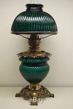 Antique Art Deco Nouveau Oil Kerosene Emerald Green Gwtw Student Ribbed Lamp