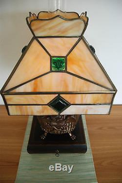 Antique Art Deco Nouveau Slag Glass Jeweled Owl Kerosene Oil Arts & Crafts Lamp