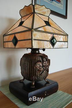 Antique Art Deco Nouveau Slag Glass Jeweled Owl Kerosene Oil Arts & Crafts Lamp
