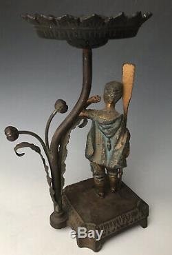 Antique Art Nouveau 11 Figural Spelter Stem Glass Oil Lamp Stand, France, c1890