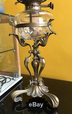 Antique Art Nouveau Brass Oil Lamp with Cut Glass Font (Wright & Butler)