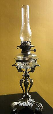 Antique Art Nouveau Brass Oil Lamp with Cut Glass Font (Wright & Butler)