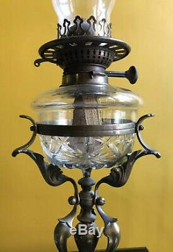 Antique Art Nouveau Brass Oil Lamp with Cut Glass Font (Wright & Butler)