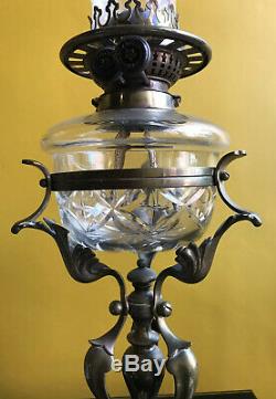 Antique Art Nouveau Brass Oil Lamp with Cut Glass Font (Wright & Butler)