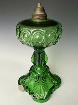 Antique Art Nouveau EAPG Oil Lamp, Emerald Green Bullseye Pattern Glass, c. 1900