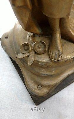 Antique Art Nouveau Painted Spelter French Figural Oil lamp Newel Post withshade