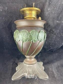 Antique Arts And Crafts Tiffany Style Oil Lamp Cold painted Bronze Lilly Pads