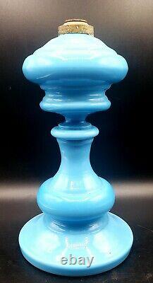 Antique BLUE OPALINE Glass Hand Blown Oil / kero Lamp European 1800s THUROS REF