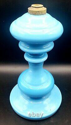 Antique BLUE OPALINE Glass Hand Blown Oil / kero Lamp European 1800s THUROS REF