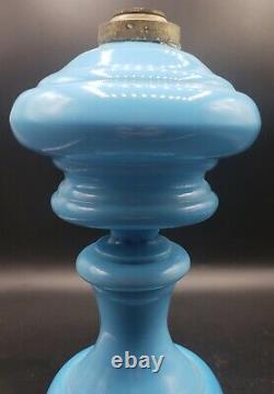 Antique BLUE OPALINE Glass Hand Blown Oil / kero Lamp European 1800s THUROS REF