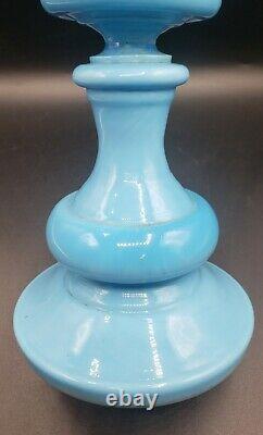 Antique BLUE OPALINE Glass Hand Blown Oil / kero Lamp European 1800s THUROS REF