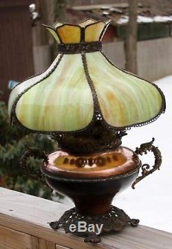 Antique B&H Bradley & Hubbard Electrified Oil Lamp with Stain Glass Paneled Shade