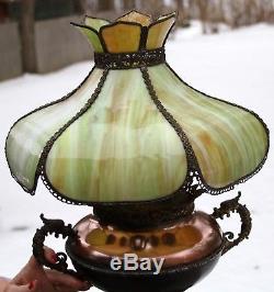 Antique B&H Bradley & Hubbard Electrified Oil Lamp with Stain Glass Paneled Shade