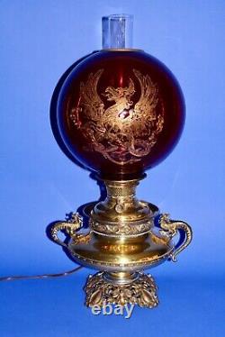 Antique B&H Bradley & Hubbard Gilded Gold Dragon/Griffin Parlor Banquet Oil Lamp