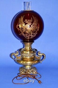 Antique B&H Bradley & Hubbard Gilded Gold Dragon/Griffin Parlor Banquet Oil Lamp