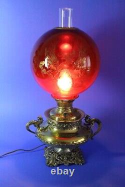 Antique B&H Bradley & Hubbard Gilded Gold Dragon/Griffin Parlor Banquet Oil Lamp