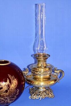 Antique B&H Bradley & Hubbard Gilded Gold Dragon/Griffin Parlor Banquet Oil Lamp