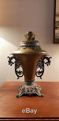 Antique B & H Bradley & Hubbard brass oil lamp, dragon handles, great condition