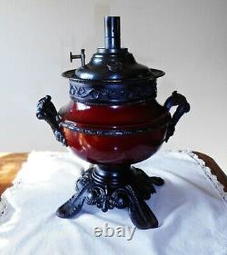 Antique B&H Double Handled Parlor Kerosene Oil Lamp Base Deep Red, Cast Metal