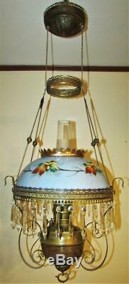 Antique B&H Hanging Kerosene Oil Lamp Ornate Brass Hand Painted Opal Glass Shade