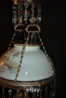 Antique B & H Hanging Oil Lamp (painted Scene On Shade & Font Holder)