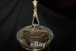 Antique B & H Hanging Oil Lamp (painted Scene On Shade & Font Holder)