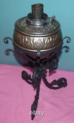 Antique B&H Kerosene Oil Banquet Lamp with Wrought Iron Stand