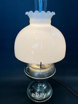 Antique B&H Nickel Oil Lamp with Milk Glass Shade, Electrified, 21 1/2 Tall