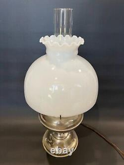 Antique B&H Nickel Oil Lamp with Milk Glass Shade, Electrified, 21 1/2 Tall