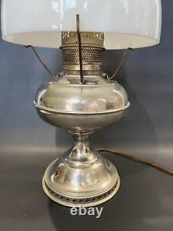 Antique B&H Nickel Oil Lamp with Milk Glass Shade, Electrified, 21 1/2 Tall