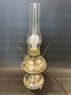 Antique B&H Nickel Oil Lamp with Milk Glass Shade, Electrified, 21 1/2 Tall