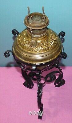 Antique B&H Wrought Iron Stand Kerosene Oil Banquet Lamp