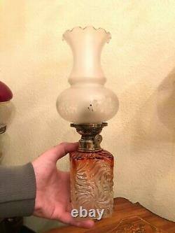 Antique Baccarat Rose Tiente Oil Lamp Amberina Rosette Swirl W&W Kosmos Burner