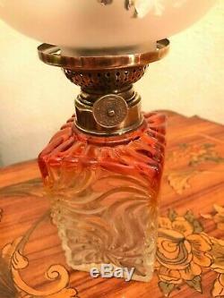 Antique Baccarat Rose Tiente Oil Lamp Amberina Rosette Swirl W&W Kosmos Burner