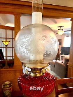 Antique Banquet Lamp Cranberry-Swirl Font-Converted Oil Lamp Wright & Butler