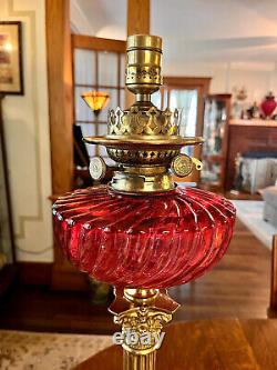 Antique Banquet Lamp Cranberry-Swirl Font-Converted Oil Lamp Wright & Butler