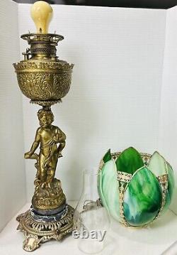Antique Banquet Oil Cherub Lamp With Original Ornate Shade- Converted