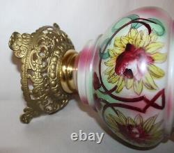 Antique Banquet Oil Lamp Base With Hand Painted Florals, No Font, No Burner
