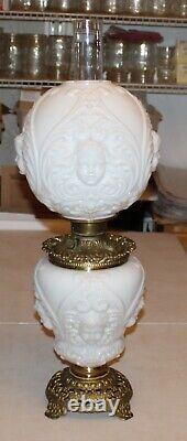 Antique Banquet Oil Lamp Glass Parts Milk Glass Cherub Globe & Base