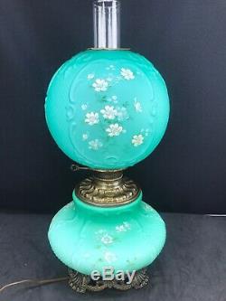 Antique Banquet Oil Lamp Green Teal Satin Cased Glass GWTW Consolidated Fishnet