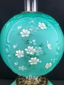 Antique Banquet Oil Lamp Green Teal Satin Cased Glass GWTW Consolidated Fishnet