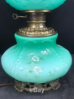 Antique Banquet Oil Lamp Green Teal Satin Cased Glass GWTW Consolidated Fishnet