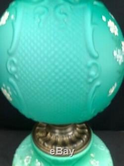 Antique Banquet Oil Lamp Green Teal Satin Cased Glass GWTW Consolidated Fishnet